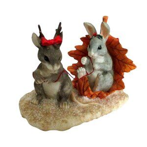 Mouse Pulling Bunny In Leaf Sleigh With Holiday Bows - Vintage LE Silvestri